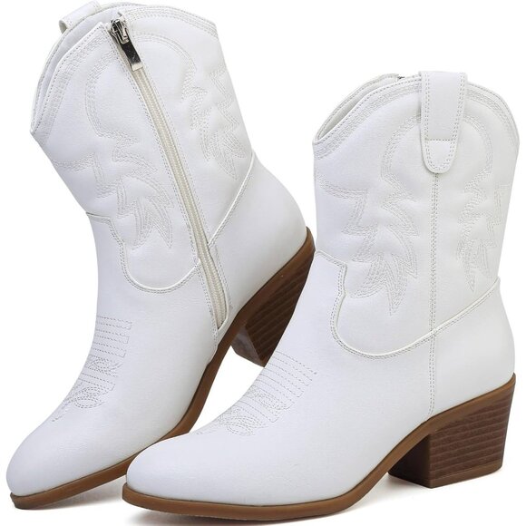 Todaysunny Women Beige Western Femme Cowboy Calf Ankle Booties With Side Zip - Picture 5 of 5